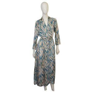 Forte_Forte Beige & Turquoise 100% Silk Wrap Midi Calf Length Cocktail Dress